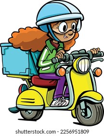 girl from a courier service on a motorcycle delivers a package