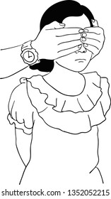 The girl covered with bare hands and she hide her hands on her back. 