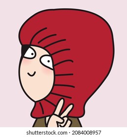Girl Covered Her Face In Fashion Knitted Half Balaclavas While Showing Victory Hand Sign Concept Card Character illustration