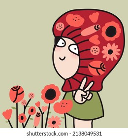 Girl Covered Her Face In Flower Blossoms Printed Fashion Knitted Half Balaclavas While Showing Victory Hand Sign. Spring Wears Concept Card Character illustration