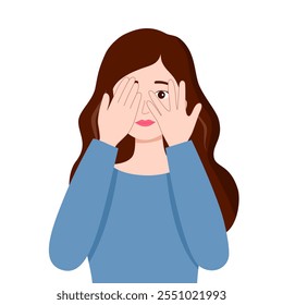 Girl covering face with hand and peeking through, embarrassing, feeling sorry, shying concept illustration.