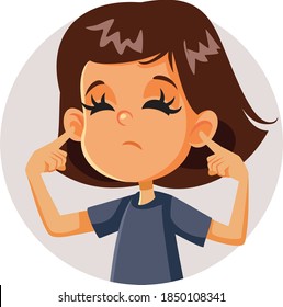 Girl Covering up Her Ears Hearing a Stressful Noise. Child with sensory sensitivity blocking sounds
