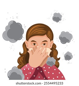 Girl covering her face because of pollution or smoke. Vector illustration.