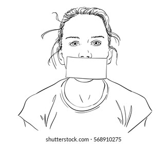 Girl covering her mouth with blank paper sheet, Hand drawn vector illustration, Black sketch on white background