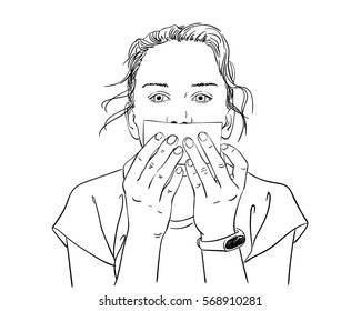 Girl covering her mouth with blank paper sheet, Hand drawn vector illustration, Black sketch on white background