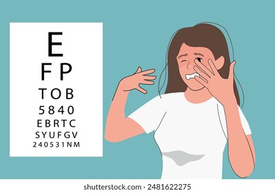 Girl Covering One Eye taking Vision Test Vector Illustration. Kid having her vision tested in an ophthalmology clinic.