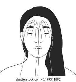 
The girl covers her face with her hands. The concept of pain, stress, depression. Vector illustration