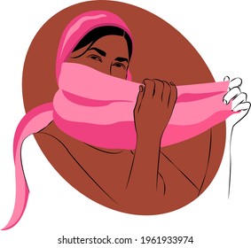 The girl covers her face with a pink scarf. Vector. 