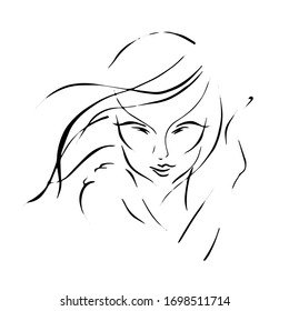 the girl covers her face. woman defends herself. Asian woman with flowing hair. vector drawing linart. isolated white
