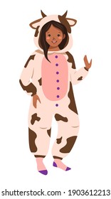 Girl in cow carnival costume. Children pyjama party. Kid wearing jumpsuits or kigurumi isolated on white background. Flat cartoon vector illustration.