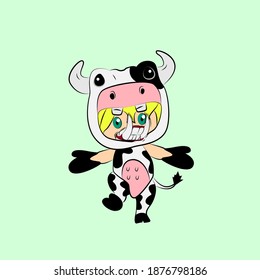 girl with cow costume. good use for sticker streetwear or t-shirt design