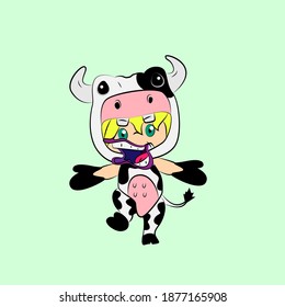 girl with cow costume. good use for sticker streetwear or t-shirt design