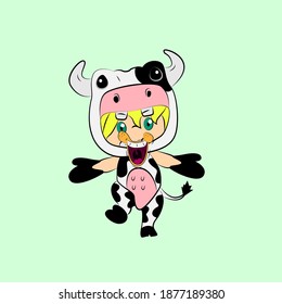girl with cow costume. good use for sticker streetwear or t-shirt design