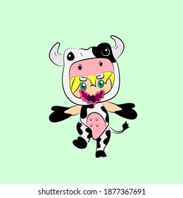 girl with cow costume. good use for sticker streetwear or t-shirt design