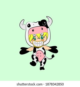 girl with cow costume. good use for sticker streetwear or t-shirt design