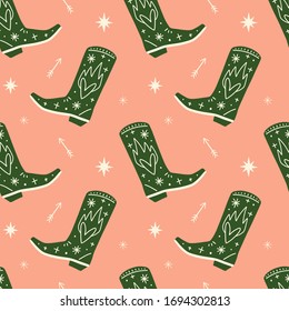 Girl cowboy boots boho seamless pattern in vector.