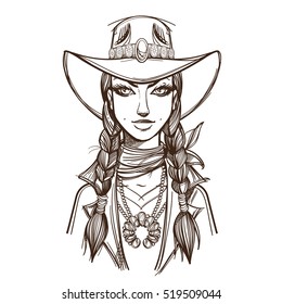 Girl in a cowboy hat illustration for coloring. Portrait of a beautiful woman. Country style for t-shirt design or print.