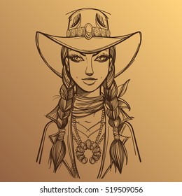 Girl in a cowboy hat outline illustration on a beige backgroun. Portrait of a beautiful woman. Country style for t-shirt design or print.