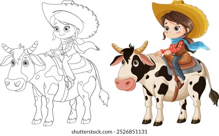 Menina de chapéu de vaqueiro montando uma vaca