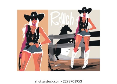 Girl in cowboy hat standing near fence, vector illustration. Woman on rancho with horse rears up behind her.