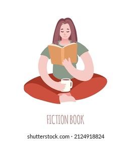 Girl in cozy home wear reading book. Young woman with a big cup and book in hands sits on the floor. Relaxing at home, bedtime routine. Hand drawn vector illustration in trendy flat style.