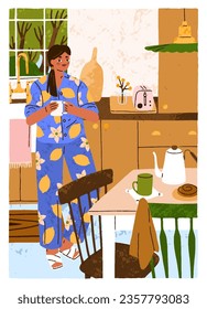 Girl in cozy kitchen interior, at modern hygge home. Young woman standing with mug, drinking tea in morning on holiday, weekend. Female character in pajamas with coffee cup. Flat vector illustration