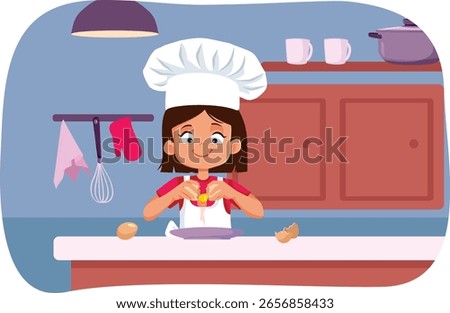 
Girl Cracking Eggs and Cooking in the Kitchen Vector Illustration. Little child excited about making her breakfast independently 
