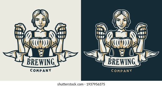 Girl with craft beer pint mug. Logo for drink bevery bar or pub. Emblem for bavarian oktoberfest