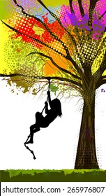 girl crawling on a rope on a tree. Vector