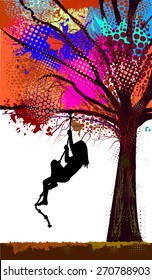 girl crawling on a rope on a tree. Vector