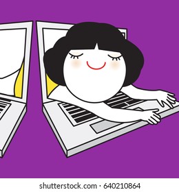 Girl Crawling Out Of Computer Note Book Screen To See Her Friend And Visit favorite Place Concept Card Character illustration