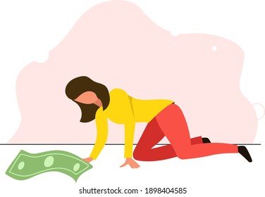 the girl crawls on the ground and found a banknote, the girl found the money on the street