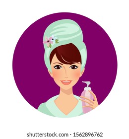 Girl Cream Spa Beauty Cosmetic Procedure. Woman in Towel and Bath Robe Applying Mask or Scrub on Face Pleasure in Beautician Salon Bathroom after Shower Cartoon Flat vector Illustration, Icon Clip art