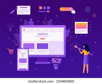 The girl creates her own website. She's holding a magic wand. Website builder concept. Web development. Flat vector illustration.