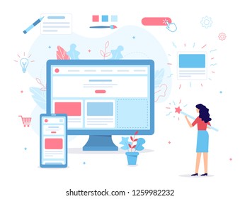 The girl creates her own website. She's holding a magic wand. Website builder concept. Web development. Flat vector illustration.