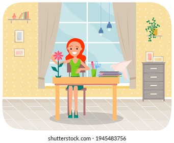 Girl creates origami from colored paper. Woman sits near table with handmade cute paper flower