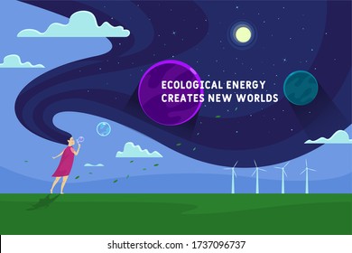 A girl creates soap bubbles that turn into planets on the background of space from her hair. Ecological energy sources.