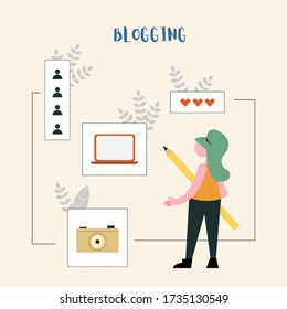 Girl creating content for blog, Blogging concept vector illustration in modern, flat style