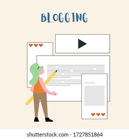 Girl creating content for her blog, Blogging vector illustration in colorful, modern, flat style