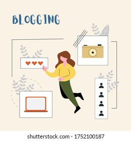 Girl creating a creative content for social media, Blog concept vector illustration in flat style