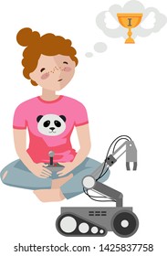 Girl creating smart robot. Isolated vector illustration. Early childhood development concept