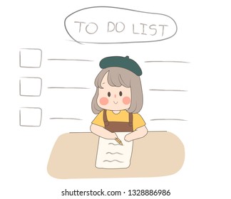 The girl is creating a to-do list. 