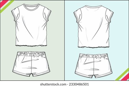 GIRL CREW NECK, BOTTOM SHORTS, FRONT AND BACK VIEW SKETCH FASHION TEMPLATE TECHNICAL ILLUSTRATION