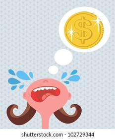 Girl cries about money. Vector illustration.