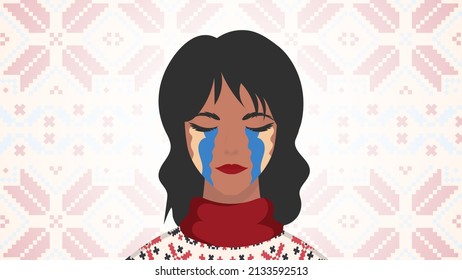 The girl cries in the color of the flag of Ukraine. Save Ukraine. Vector illustration.