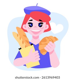 Girl with croissant and baguettes - colorful flat design style illustration