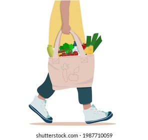 Una chica con una figura recortada lleva una bolsa ecológica con comestibles. Cero desperdicio.   Bolsa hecha de materiales naturales reciclados con bordado.  Ilustración vectorial.