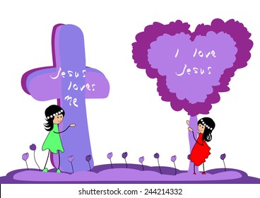 Girl with cross and tree .Jesus loves me-Vector illustration