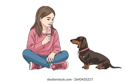 A girl with crossed legs is going to give ice cream to a dog