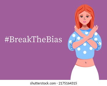 The girl crosses her hair and against all stereotypes. Gender equality. Break the Bias. Vector Stock illustration. isolated. Lilac background